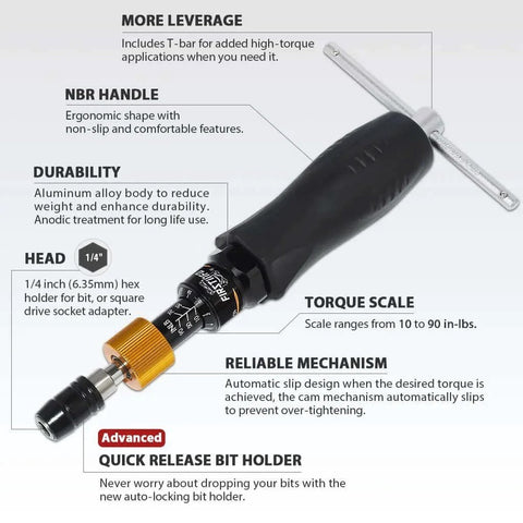 Diagram of Limited Torque Screwdriver 10-90 in-lbs with 1/4 Inch Universal Hex Bit Holder, Quick Release, showing features and T-Handle