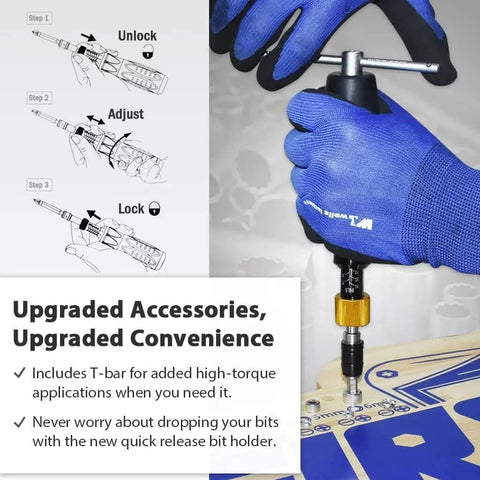 Person using Limited Torque Screwdriver 10-90 in-lbs with 1/4 Inch Universal Hex Bit Holder Quick Release Design with Extra T-Handle