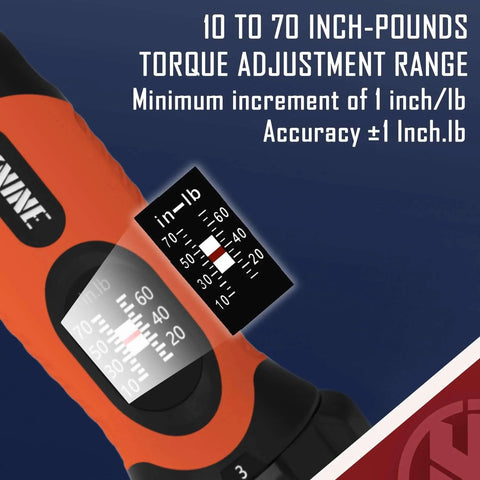 Torque Screwdriver Wrench Driver Set 10-70 Inch Pounds lbs for Maintenance, orange handle showing torque adjustment range.