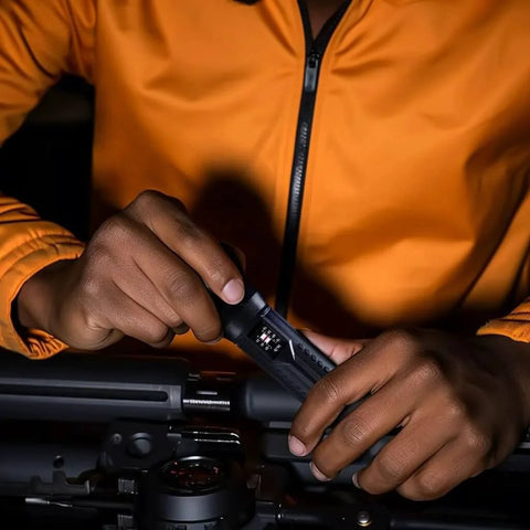 Person using Torque Screwdriver Wrench Driver Set 10-70 Inch Pounds lbs for Maintenance with T-bar Handle on a black tool.
