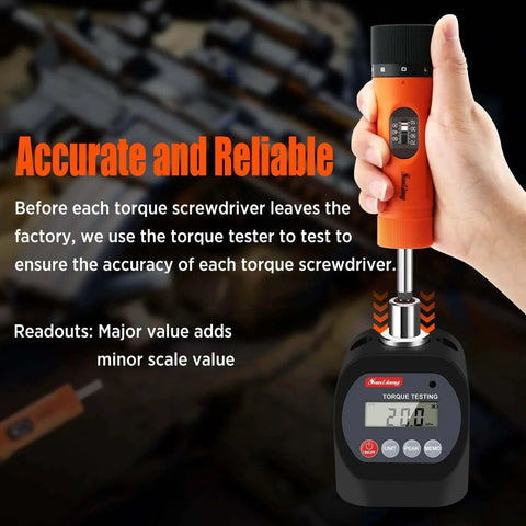 Person using 36Pcs Torque Screwdriver Wrench Driver Set 10-70 Inch Pounds lbs with digital torque tester for accuracy