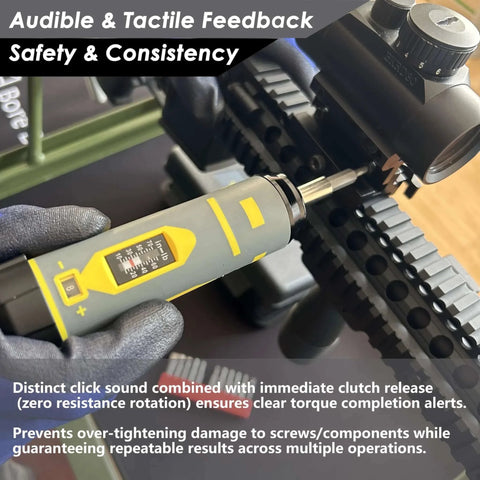 Person using Torque Screwdriver Wrench Set 10-70 Inch Pounds for Professional Maintenance on rifle scope mount.