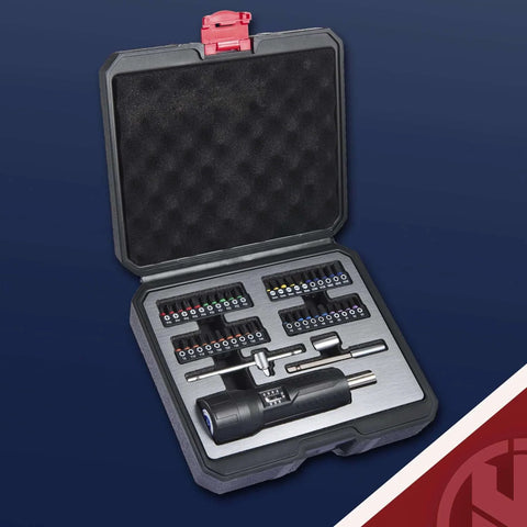 Open case of Torque Screwdriver Wrench Driver Set 10-70 Inch Pounds lbs for Maintenance with T-bar Handle, 40 Hex Bits displayed.