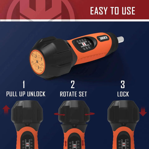 Torque Screwdriver Wrench Driver Set 10-70 Inch Pounds lbs for Maintenance, orange handle, showing lock and rotate features.