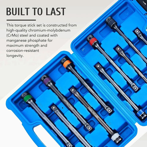 10pc 1/2" Drive Torque Limiting Extension Stick Set in blue case with color-coded impact torque sticks