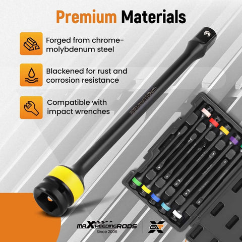 Torque Stick, 10 Piece 1/2" Drive Torque Limiting Extension Bar Set shown with chrome-molybdenum steel and color-coded design.