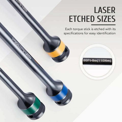 Close-up of 10pc 1/2" Drive Torque Limiting Extension Stick Set with 8" 65-150 ft.-lb. impact torque sticks showing laser-etched sizes.