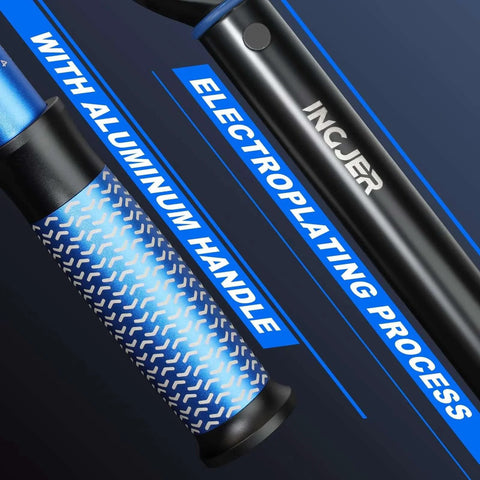 Close-up of UPGRADE 1/2" Drive Click Torque Wrench handle showing aluminum grip and electrolplating process, blue handle detail.
