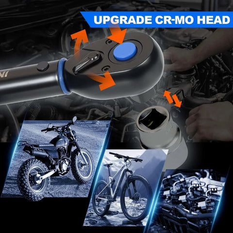 UPGRADE 3/8" Drive Click Torque Wrench, 5-50Ft.Lb, Dual-Direction Adjustable 72 Tooth, shown with tools and motorcycles, blue