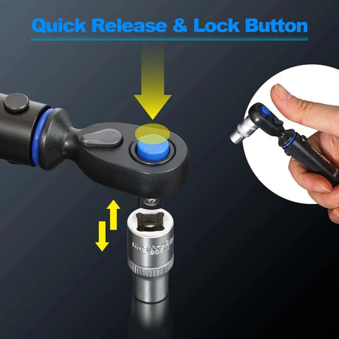 Close-up of UPGRADE Mini 1/4" Drive Click Torque Wrench showing quick release and lock button mechanism with hand demonstration.
