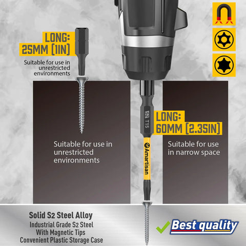 Torx Bit Set For Security And Tamper Resistant Fasteners 24 Piece S2 Steel Driver Bits In 1 Inch And 2 Point 3 Inch Lengths, shown in drill.