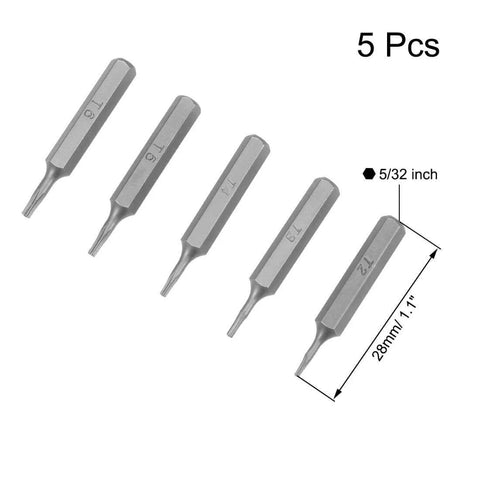 Torx Bits Set 5pcs 5/32 Inch Hex Shank T2 T3 T4 T5 T6 Screwdriver Bit Set 28mm Length S2 Screw Driver Kit Tools