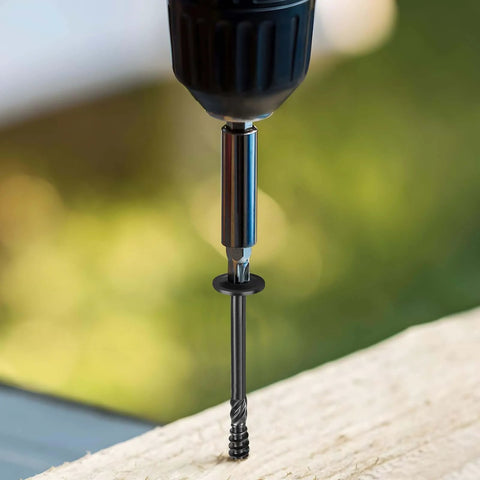 Lag Screws #14 x 3 Inch Heavy Duty Construction Wood Screws being drilled into wood, showing Torx Drive Washer Head and black epoxy coating.