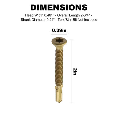 Beefy Self Drilling Wood To Metal Screws With Torx Star Drive T30 side view showing dimensions 12 24 by 2 inch 100 pack