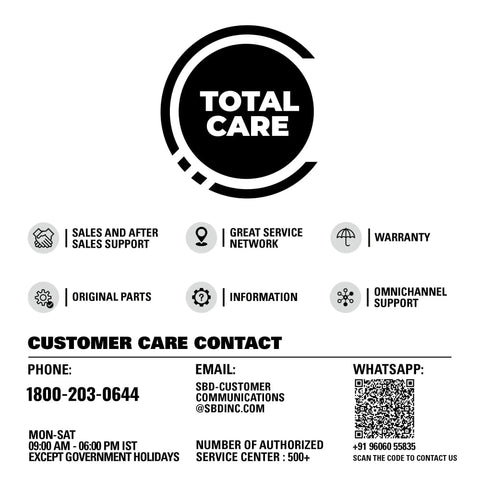 Customer care contact information for Total Care with icons for services and QR code for contact.