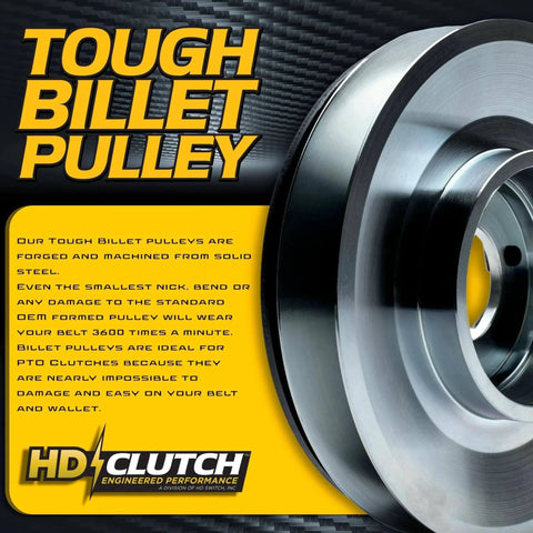 Close-up of tough billet pulley for HD clutch, machined from solid steel for durability.