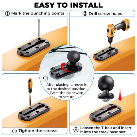Installation steps for 4 Inch Tough Track Kayak Mount Base With 1.5 Inch Ball T Bolt Track Rail Compatible With RAM Mounts.