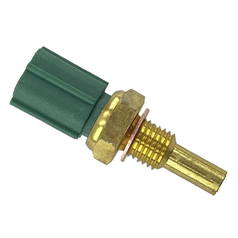Engine coolant temperature sensor with green plastic connector and brass threaded probe.