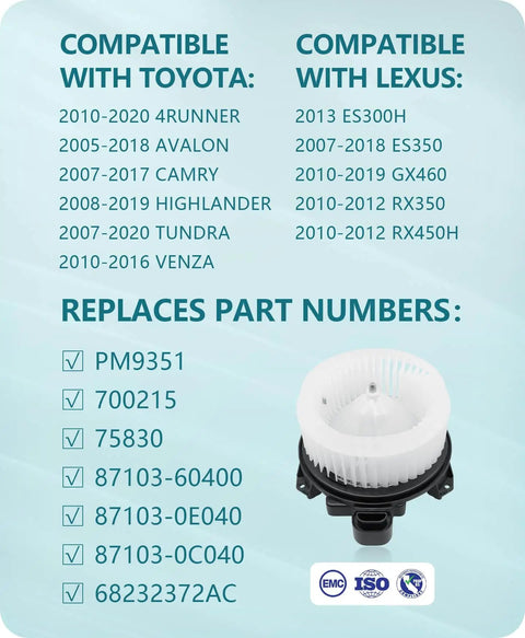 Front HVAC Blower Motor Replacement For Toyota And Lexus By Marsflex Plug And Play Fit For Camry Tundra 4Runner Highlander Venza Avalon ES350 ES300h GX460 2007 Through 2019 OE PM9351 75830 871030E040 Drop In Ready, compatible models list and part numbers displayed