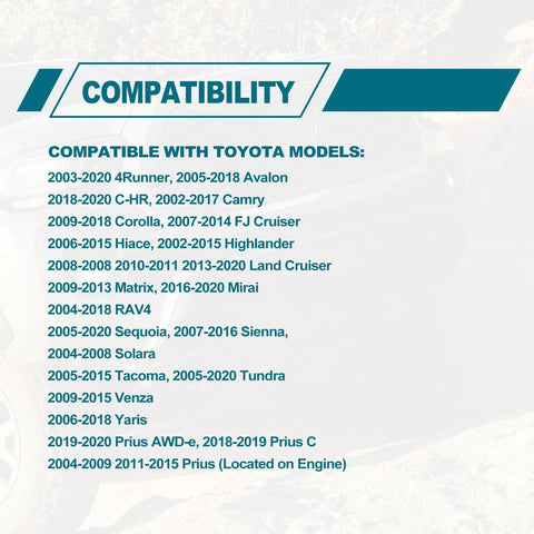 Engine coolant temperature sensor compatibility banner listing Toyota models in teal text