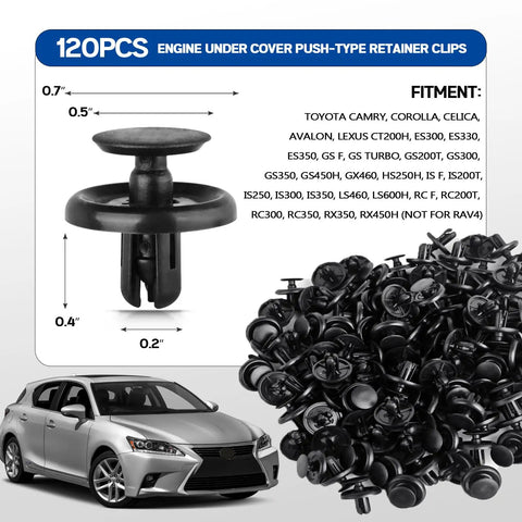 120 Piece Engine Under Cover Push Type Retainer Clips Kit for Toyota and Lexus Camry Corolla Replacement 9046707201 With Tool Direct Fit and Spare Set, with black nylon clips and Toyota vehicle image.