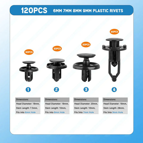 Close-up of 120Piece Toyota Clips And Fasteners Set showing 6mm, 7mm, 8mm, 9mm plastic rivets for fender liner and bumper use.