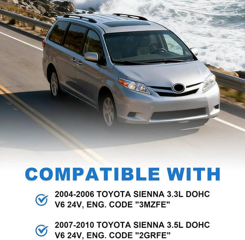 Silver Toyota Sienna driving on the road, compatible with 3.3L 3MZFE and 3.5L 2GRFE engines, sliding door cable kit