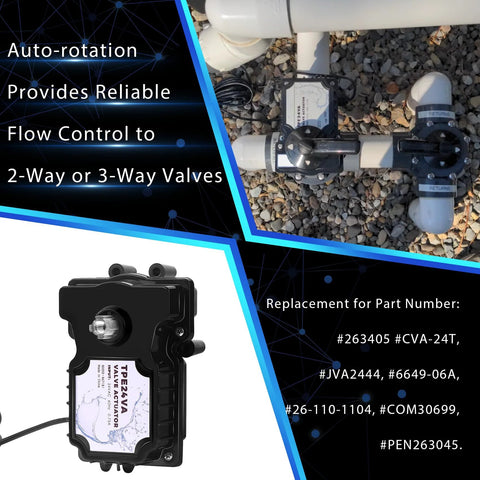 Amazon 24V pool valve actuator on PVC plumbing, black plastic housing for 2- or 3-way valves.