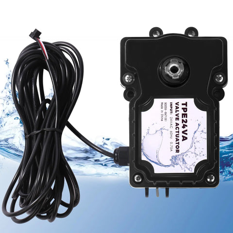 Front view of TPE24VA pool valve actuator, 24V with black housing and long attached cable