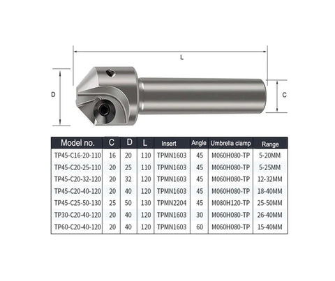 Versatile Pro Grade 30 45 60 Degree Chamfer Cutter For CNC Lathe And Milling Machines With TPMN Insert Holder, dimensions chart included.
