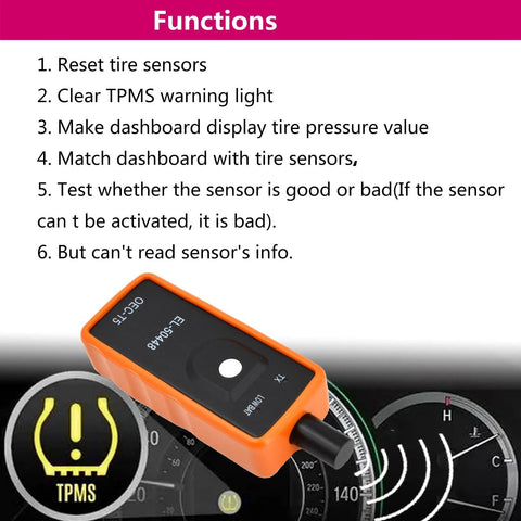 TPMS Relearn Tool For General Motors Vehicles Including Chevrolet Cadillac GMC Buick With 100 Plus Vehicle Coverage One Button Activation displayed with functions