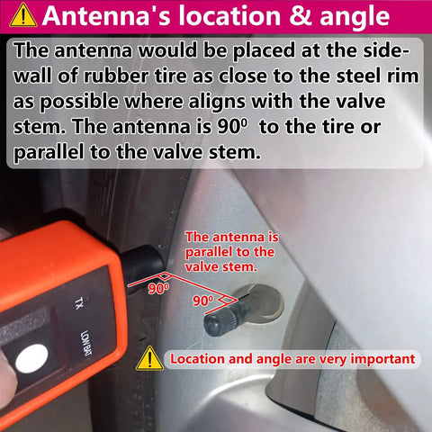 TPMS Relearn Tool for General Motors Vehicles Including Chevrolet Cadillac GMC Buick with antenna placement on tire valve