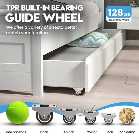 Fixed Caster Wheels Set With TPR Material Low Profile Rubber Casters for Furniture Drawers in Silver Finish displayed under bed