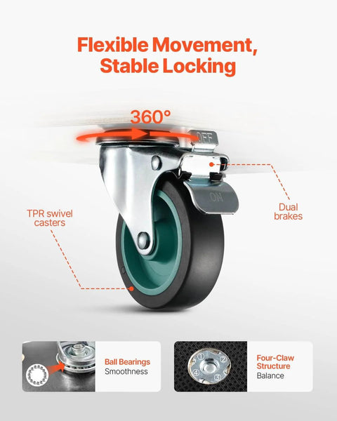 Furniture Dolly wheel showing dual brakes, TPR swivel casters, with ball bearings and four-claw structure for balance and smoothness.