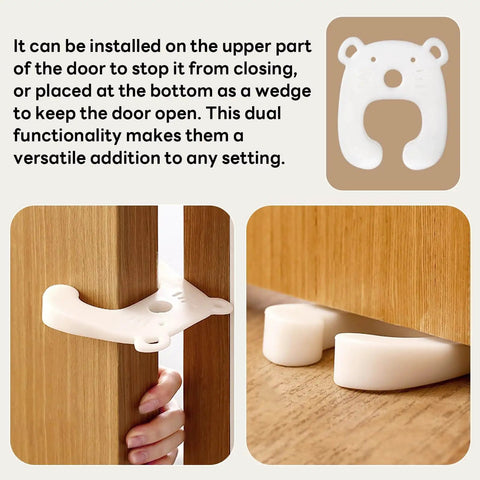 Versatile 2 in 1 door stop that acts as a wedge and pinch guard installed on wooden door, soft TPR, set of two, child safe
