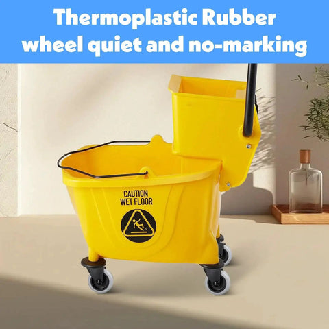 Four Piece Mop Bucket Wheel Replacement Set Non Marking TPR Casters For Models 7570 L2 7571 7580 7581 7582 7583 And WaveBrake with yellow bucket and TPR wheels.