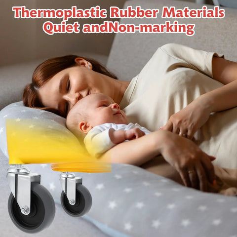 Woman and baby sleeping on pillow with 4 Inch Stem Caster Wheels Set Of 4 Heavy Duty Swivel Casters TPR shown, highlighting quiet use.