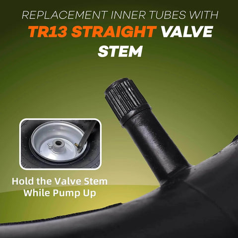 4.80/4.00-8 Heavy Duty Inner Tubes 2 Pack with TR-13 Straight Valve, close-up of valve stem on natural rubber tube