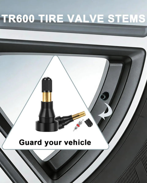 Heavy Duty 50 Pack TR600HP High Pressure Tire Valve Stems For 0.453 Inch Rim Holes with rubber seals, installed in a tire.