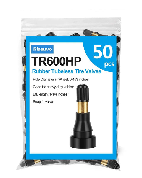 Riseuvo TR600HP rubber tubeless tire valve stems, 50 pcs, snap-in, 0.453 in hole, black with brass core