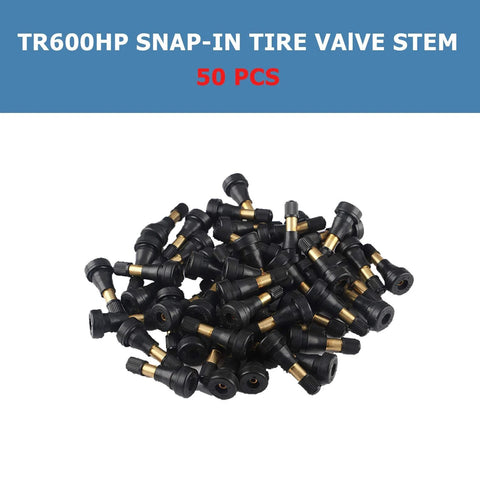 TR600HP snap-in tire valve stems, 50 pcs, black plastic with brass cores for tubeless tires