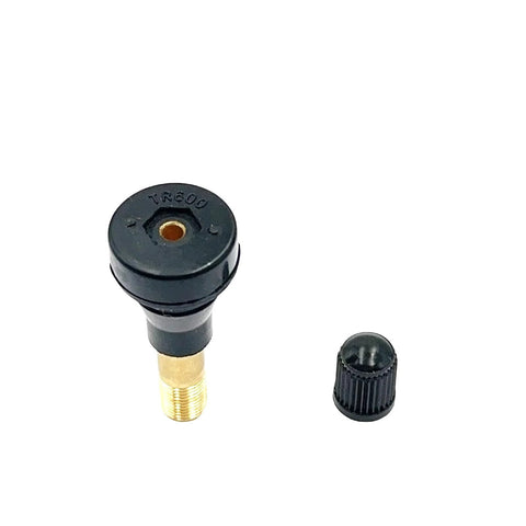 TR600HP tire valve stem for tubeless tires, brass threaded stem, black plastic cap, 0.453 in rim hole