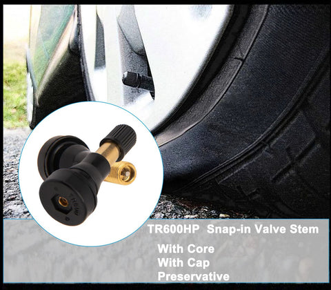Amazon TR600HP snap-in tire valve stem; brass core, black rubber body, 100-pack.
