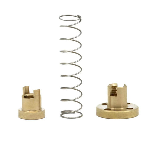 T8 tr8x2 anti backlash spring loaded nut elimination gap components for acme threaded lead screw, brass nut and spring, front view