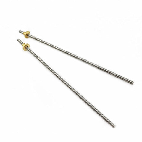 Two precision 200mm TR8X8 Acme lead screws with 8 mm lead, SUS304 stainless steel shafts and brass nuts for accurate Z axis motion.