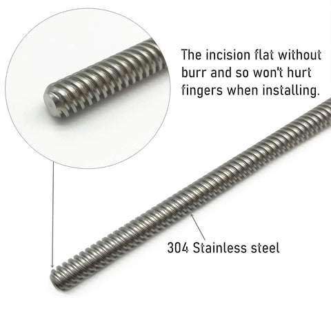 Close-up of TR8x8 Lead Screw 400mm with focus on smooth end detail. Made of SUS304 stainless steel for CNC and 3D printer Z-Axis applications.
