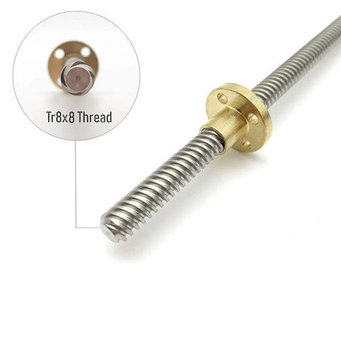 Close-up of a 300mm tr8x8 lead screw with t8 brass nut showing acme thread for 3D printer and CNC machine z axis.