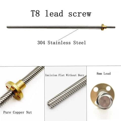 Two precision 200mm TR8X8 Acme lead screws with 8 mm lead, SUS304 stainless steel shafts and brass nuts for Z axis motion