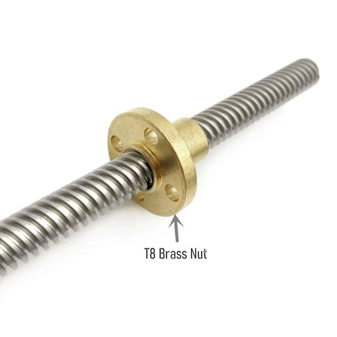 2pcs 300mm（11.81 inches）tr8x8 lead screw with t8 brass nut in close-up view, showing acme thread design for 3D printer and CNC machine