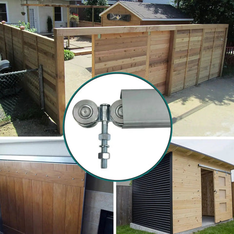 Two Pack Track Roller Wheels Set For Beam Trolley System With Box Rail Strut Channel installed on wooden sliding doors